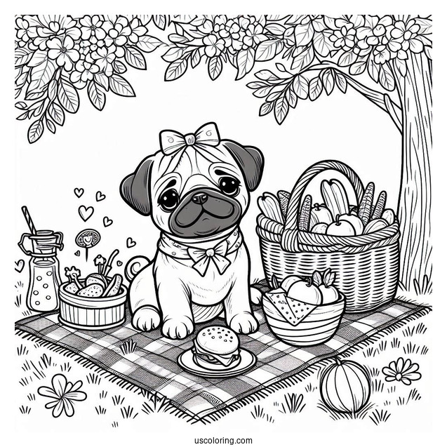 Peaceful Picnic with Pug Coloring Page Of Puppy
