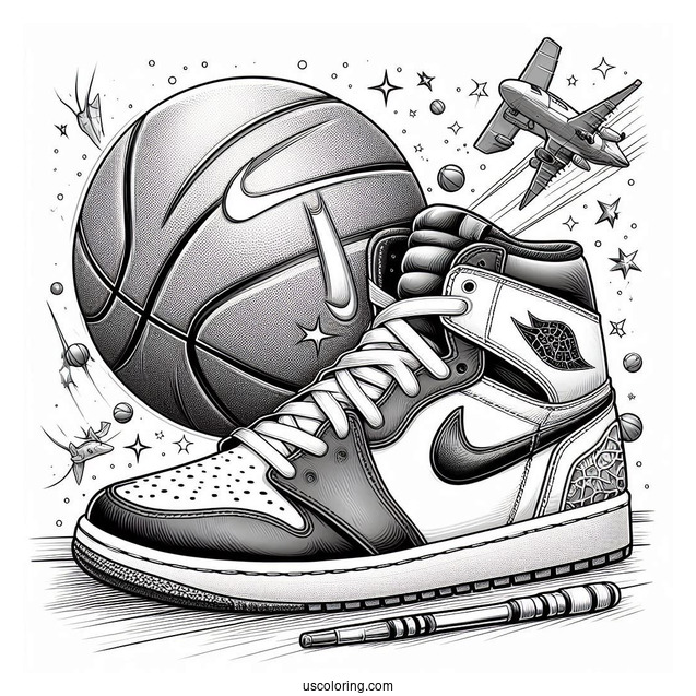 Nike Coloring Page Of Realistic Air Jordan With Basketball In Background