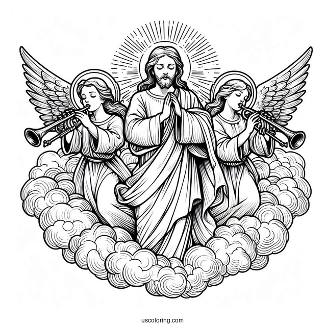 Holy Jesus With Angels Blowing Trumpets On Easter Coloring Page
