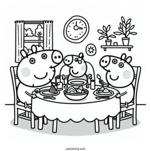 Peppa Pig Family Eating Dinner At Table Coloring