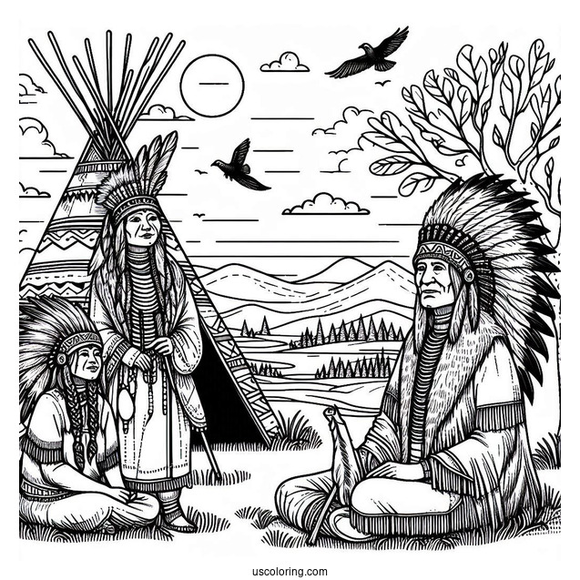 Native American Coloring Page Chief And His Wife Sitting Outside Tepee