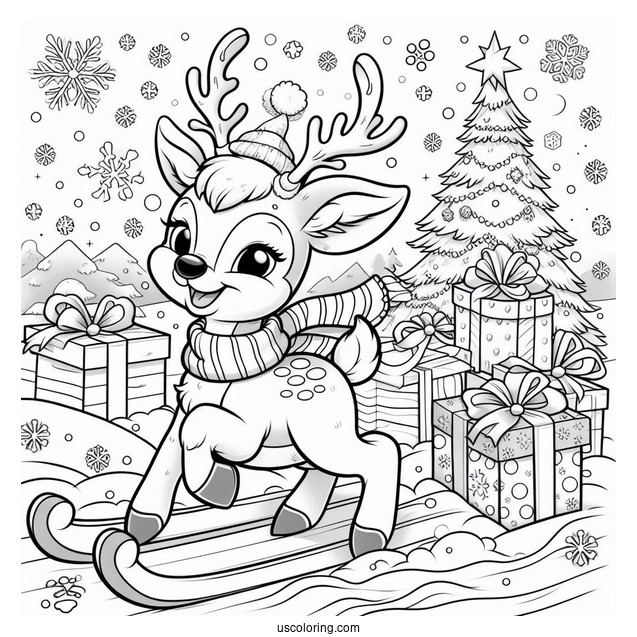 Happy Rudolph Coloring Page Trotting In The Snow With Presents In The Background