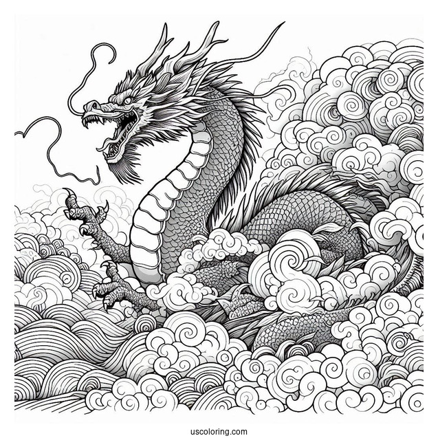 Massive Dragon Emerging From The Clouds Coloring Page