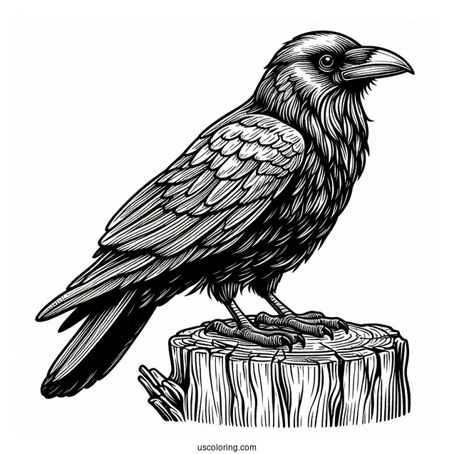 Detailed Raven Coloring Page Perched On A Tree Stump