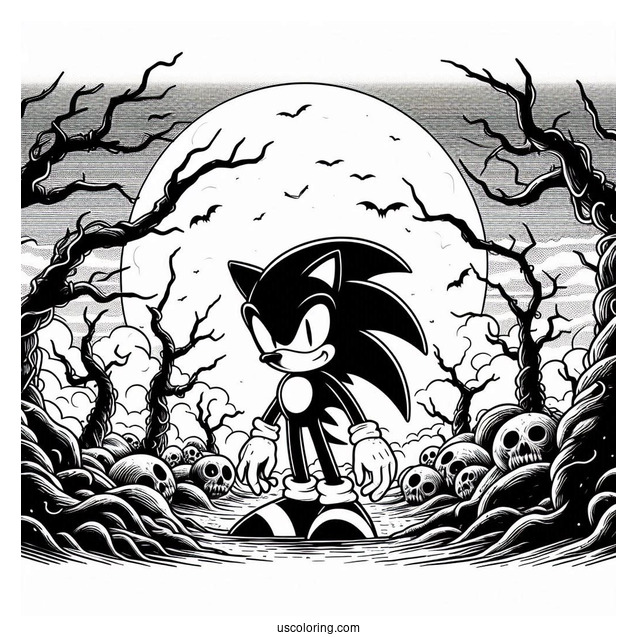 Creepy Sonic Exe Coloring Page With Dead Trees And Full Moon In Background