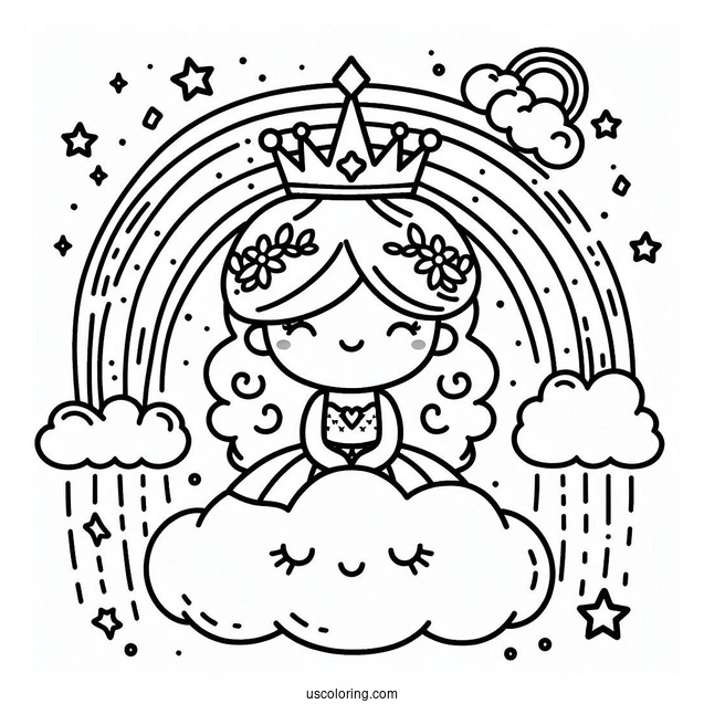 Happy Cloud Princess With Crown Coloring Page Under Rainbow and Stars