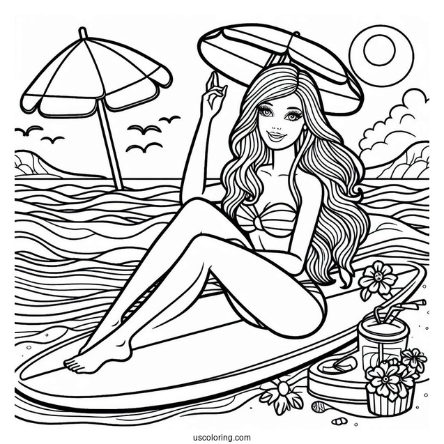 Barbie On A Surfboard Coloring Page