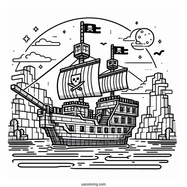 Fun Minecraft Pirate Ship Coloring Page For Kids