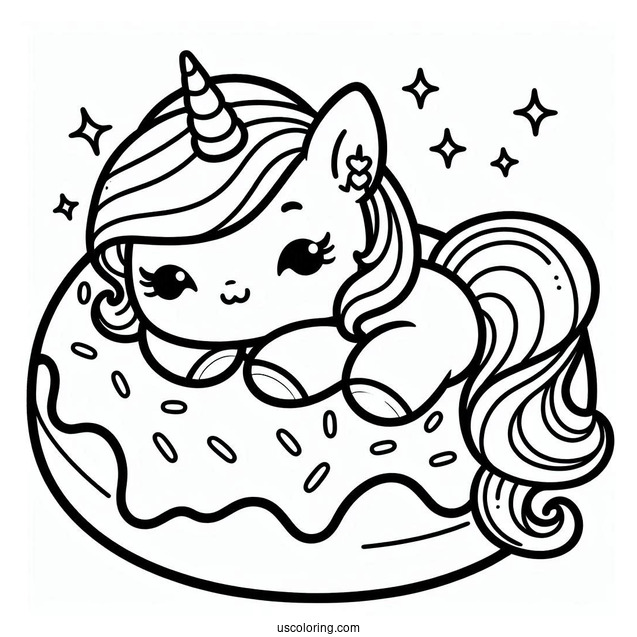 Kawaii Unicorn On A Donut Coloring Page