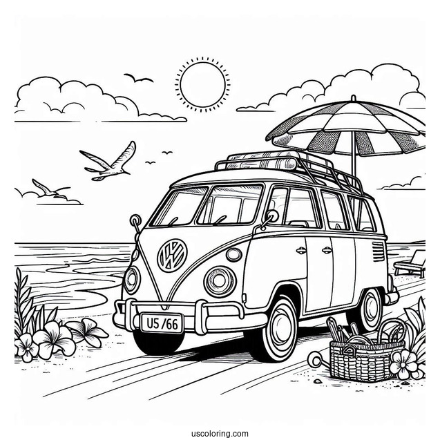 Volkswagen Driving Through A Beach In Summer Coloring Page