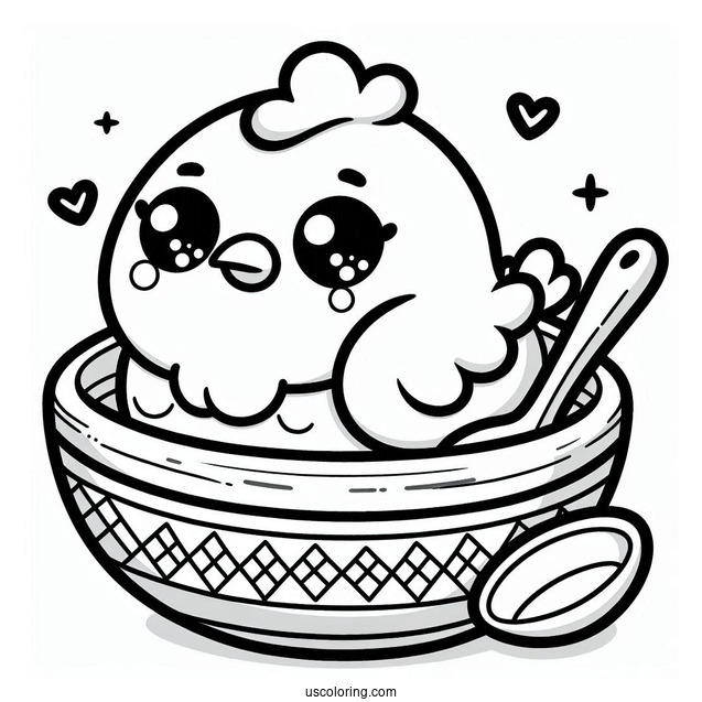 Cute Kawaii Chicken In Bowl To Color