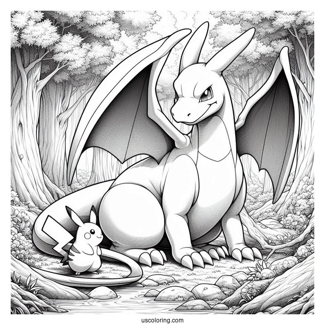 Realistic Charizard With Pikachu In The Forest Coloring Sheet