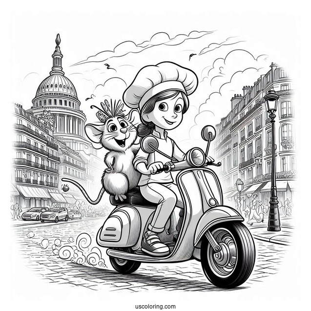 Colette, Alfredo, And Ratatouille Coloring Page Riding A Motorcycle In Paris