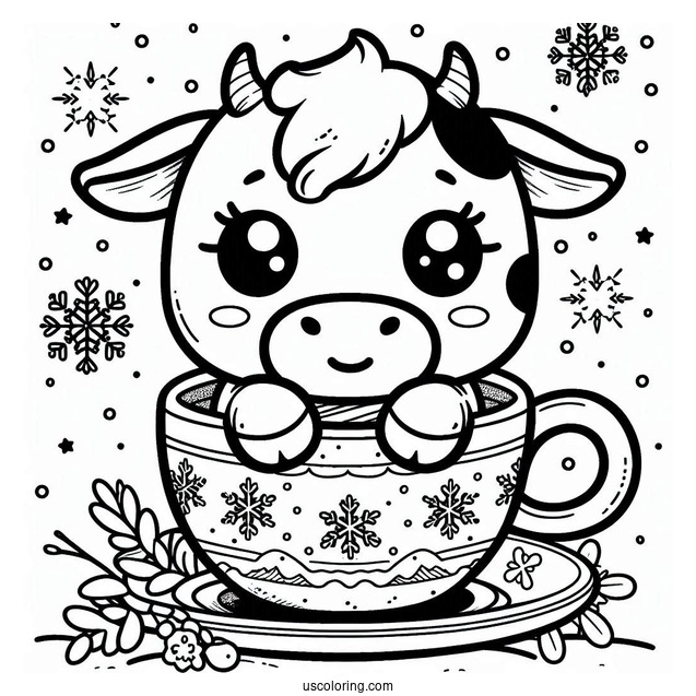 Cute Cow In A Teacup With Snowflake Design