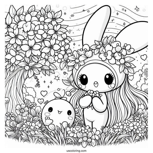 Kuromi In Garden With My Melody Coloring Page