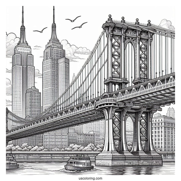 Realistic Manhattan Bridge In New York Coloring Page