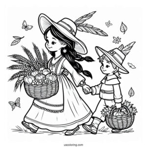 Girl Native American And Boy Pilgrim Coloring Page Carrying Harvest