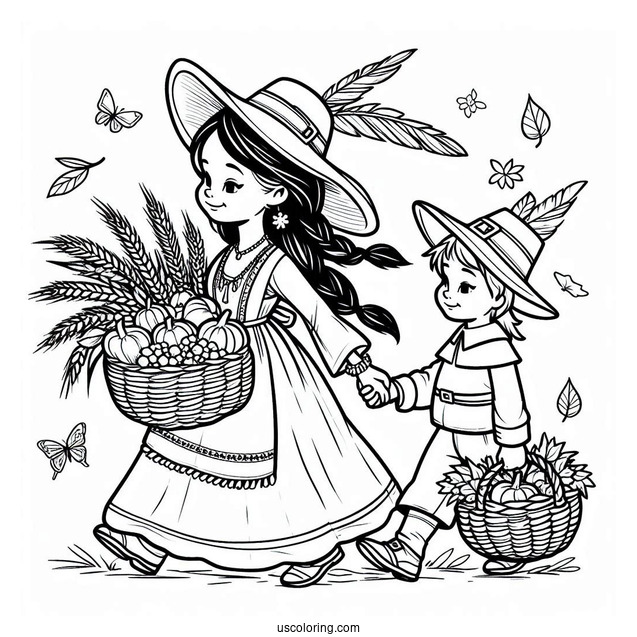 Girl Native American And Boy Pilgrim Coloring Page Carrying Harvest