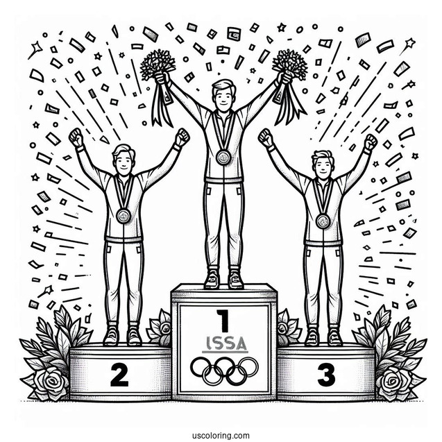 USA Olympics Coloring Page Champions On Tri level Podium With Confetti