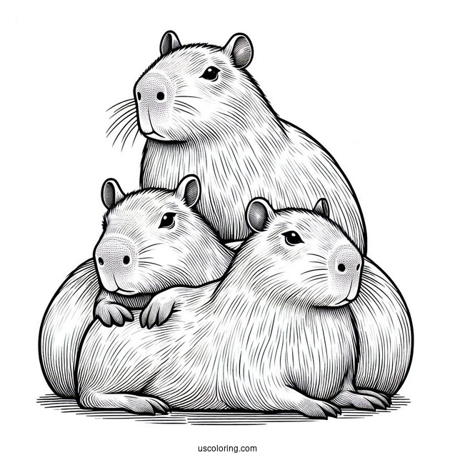 Three Capybara Coloring Page Piled On Top Of Each Other For Preschoolers