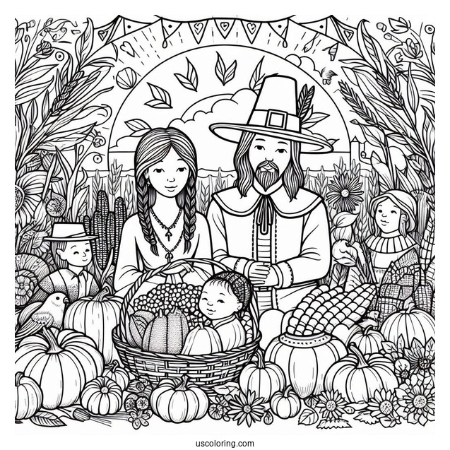 Pilgrim Coloring Page With Native Americans Surrounded By Harvest