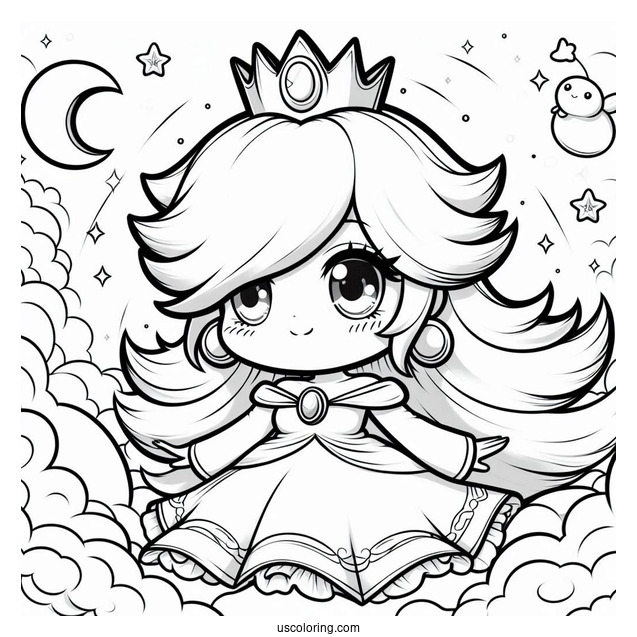 Chibi Princess Rosalina In The Sky With Lumas Coloring Sheet