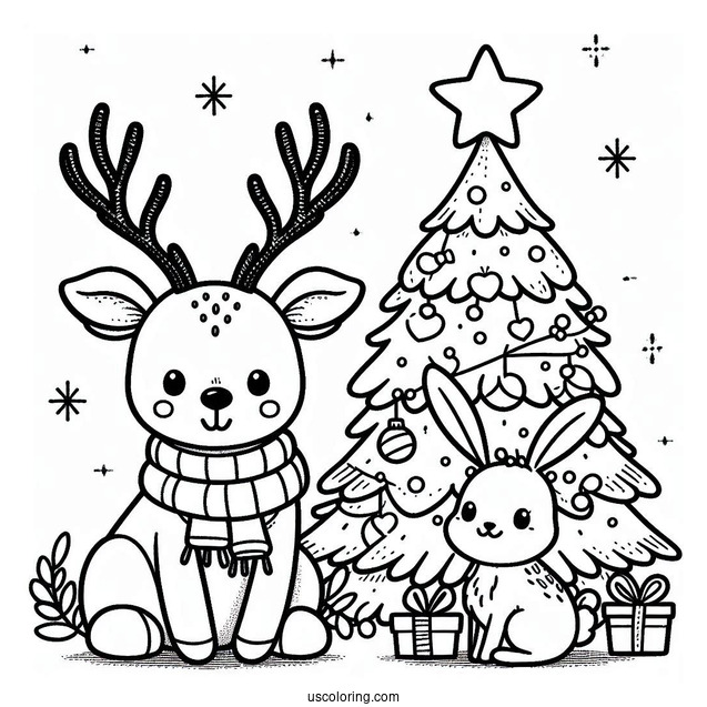 Cute Reindeer And Bunny With Christmas Tree