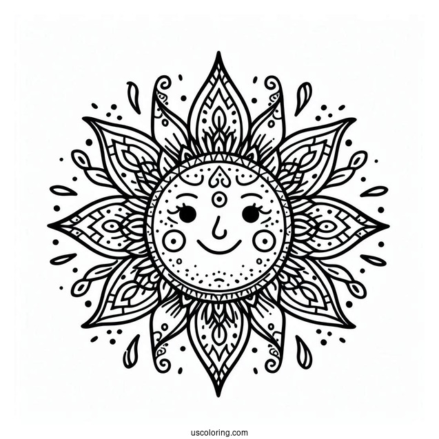 Easy Smiling Sun Mandala Coloring Page For Kids