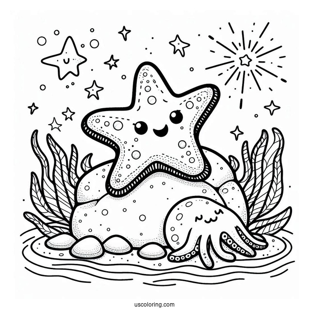 Cute Starfish Coloring Page On Rock Beside Octopus For Preschoolers