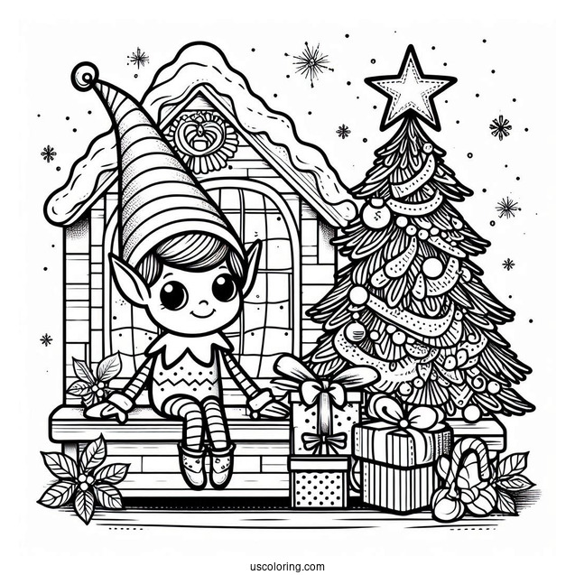 Elf On The Shelf With Christmas Tree To Color