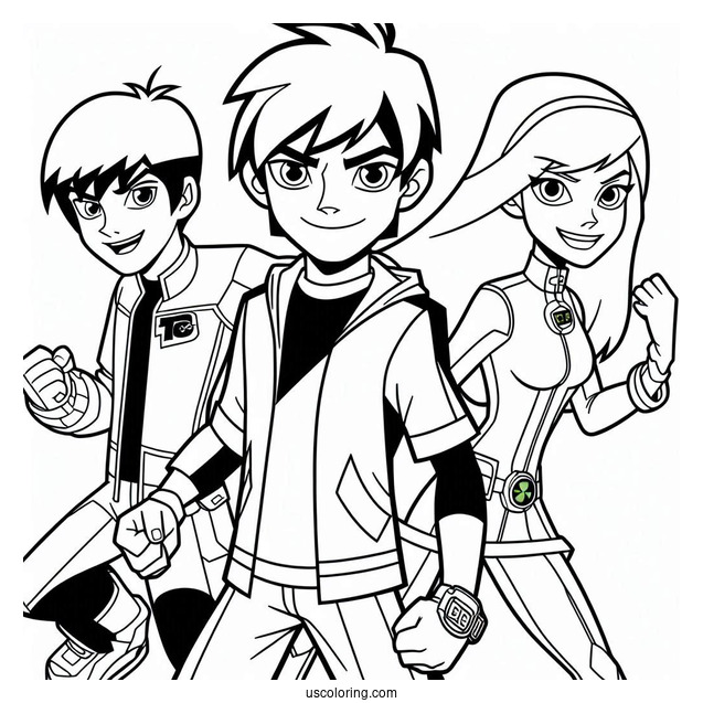 Ben 10 Coloring Page Of Adult Ben Tennyson With Gwen Tennyson And Kevin Levin