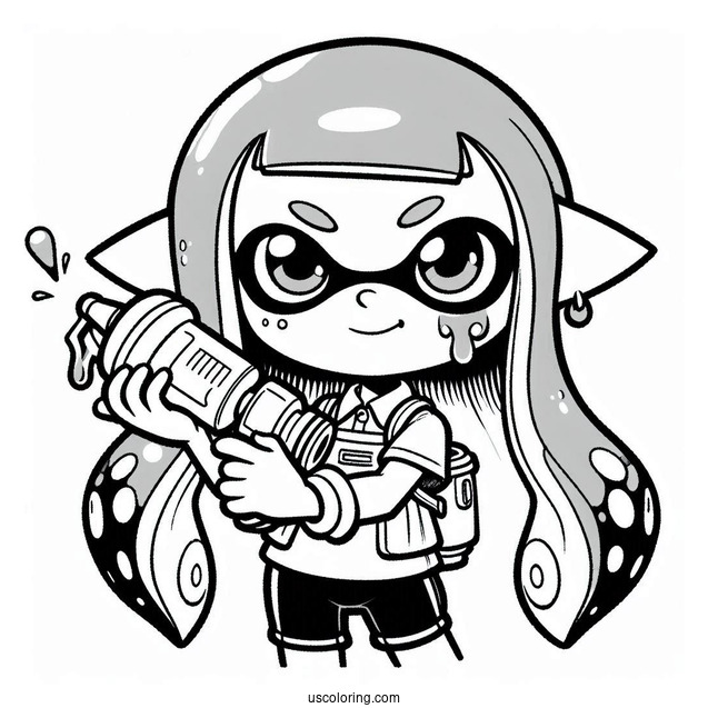 Splatoon Coloring Page Of Blue Inkling Holding Inkjet For Kids