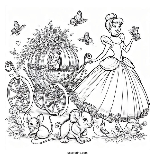 Cinderella With Mice, Fairy And Carriage To Color For Kids