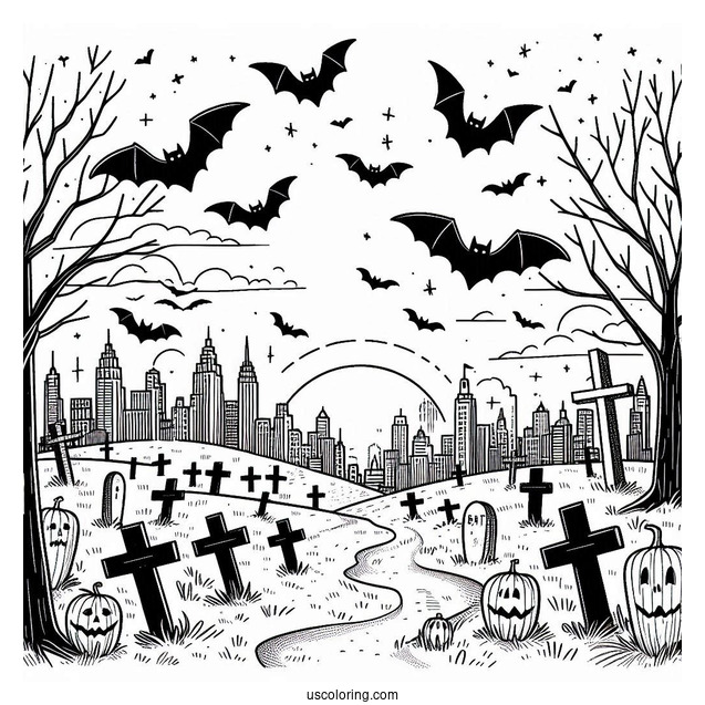 Halloween Graveyard With Bats Coloring Page In The Sky