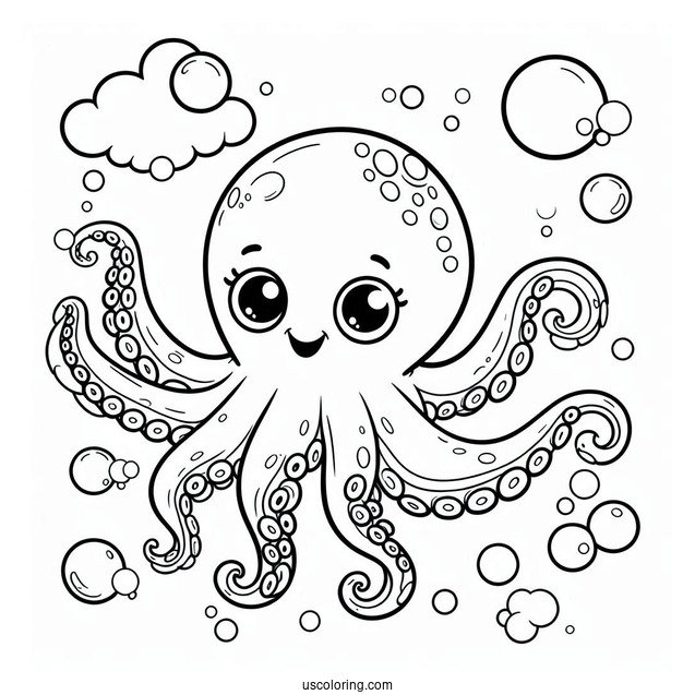 Cartoon Octopus Coloring Page With Bubbles