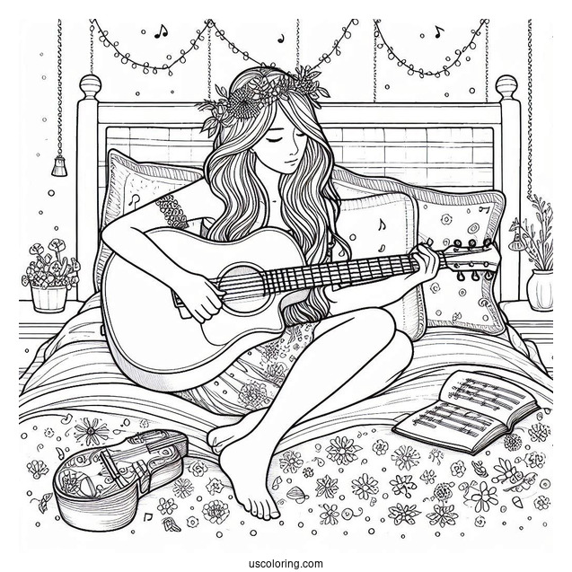 Music Coloring Page Of Woman Playing Acoustic Guitar On Bed