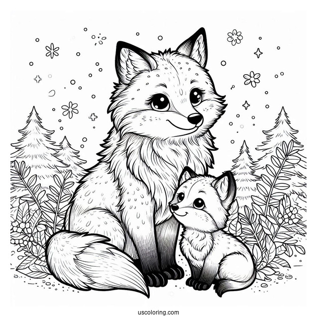 Realistic Mama Fox Coloring Page With Baby Fox In Forest