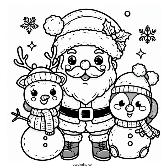 Santa With Rudolph And Snowman To Color