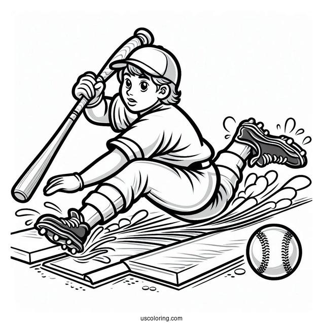 Baseball Coloring Page Of Player Sliding into Home Plate For Kids