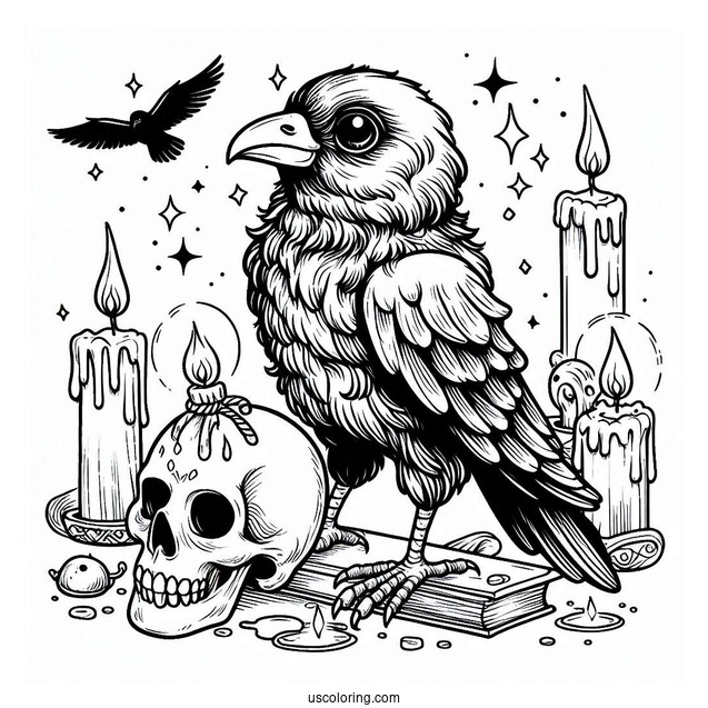 Baby Raven Coloring Page Standing On A Skull With Candles And Magic Spell Book