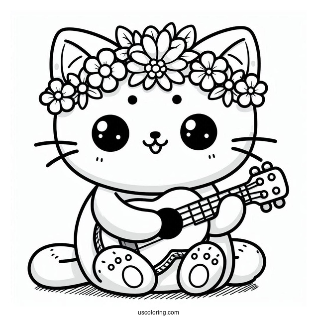 Kawaii Cat With A Flower Crown Playing The Ukelele