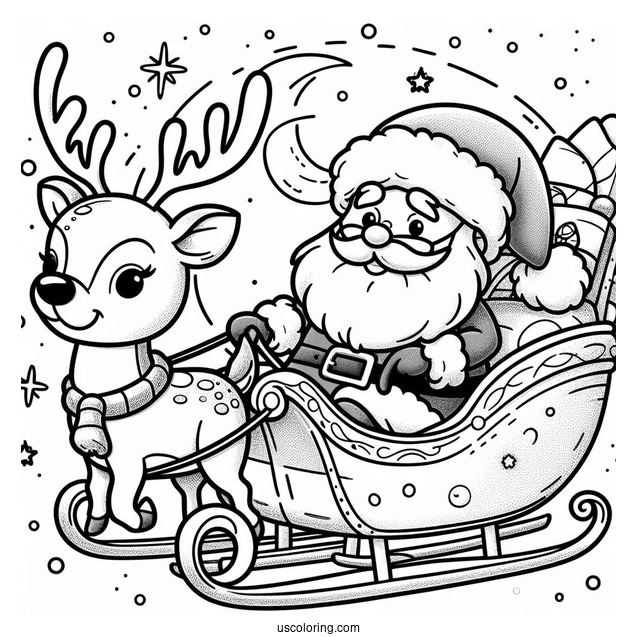 Santa In His Sleigh With Rudolph To Color
