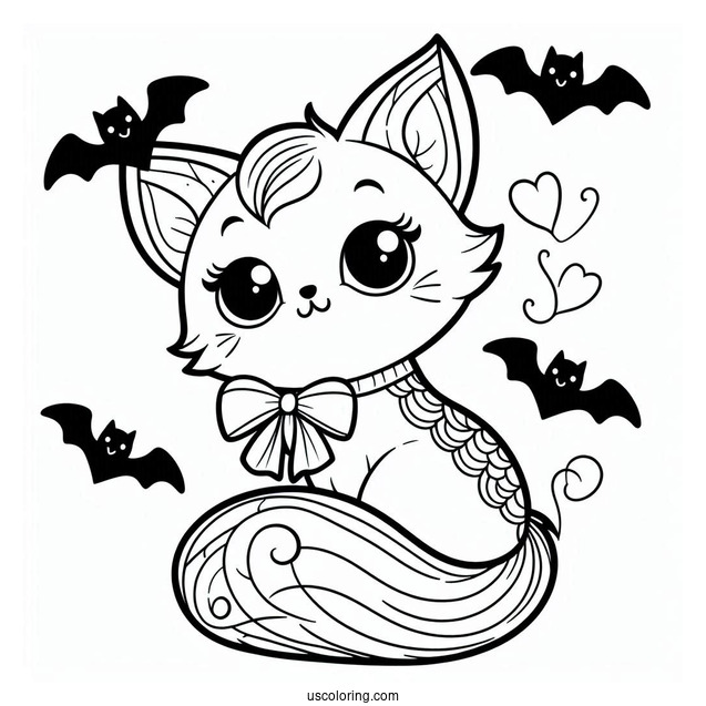 Cats With Bats Halloween Coloring Pages