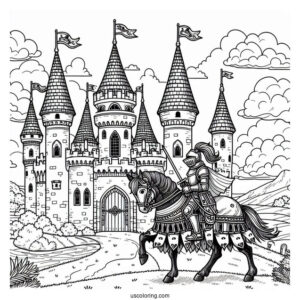 Knight On A Horse Riding To A Castle Coloring Page