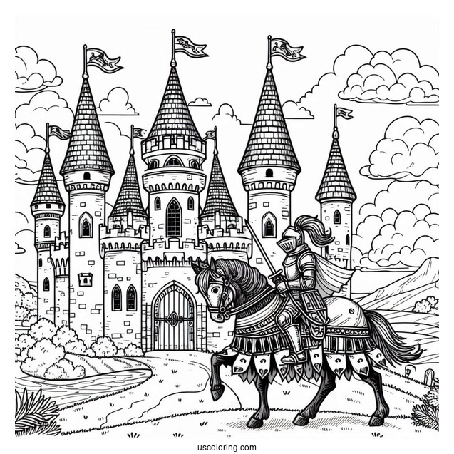 Knight On A Horse Riding To A Castle Coloring Page