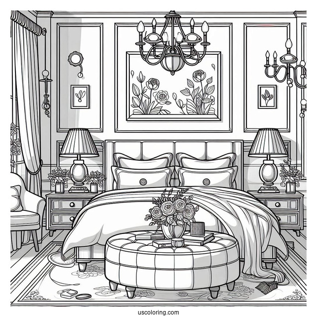 Classy Bedroom Coloring Page With Ottoman, Paintings, And Hanging Lights