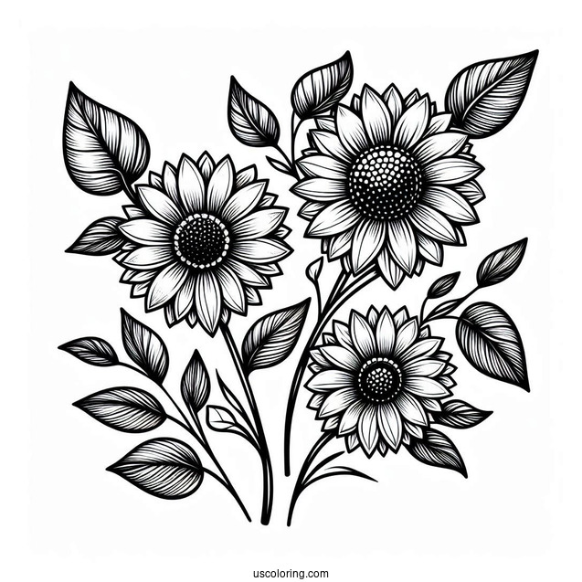 Flower Coloring Pages Of Three Small Sunflowers With Leaves
