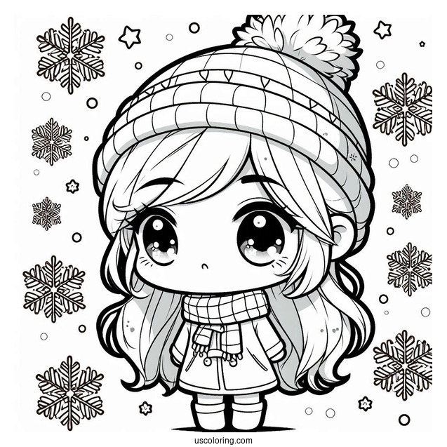 Chibi Girl In Winter Clothes Surrounded By Snowflake Coloring Page