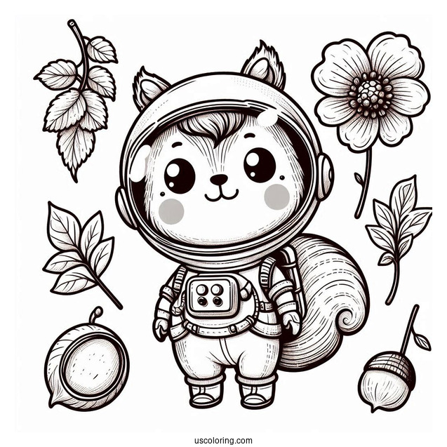 Cute Astronaut Squirrel Coloring Page With Flower And Chestnut