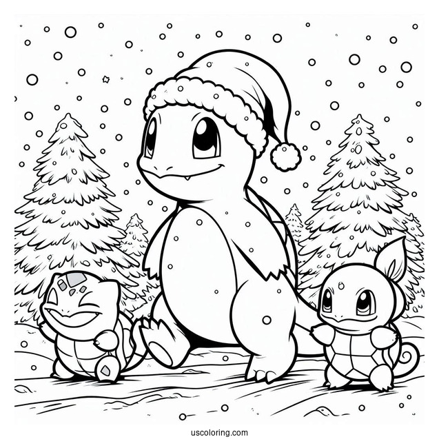 Pokemon Christmas Coloring Page Charmander, Bulbasaur, And Squirtle Walking In The Snow For Kids